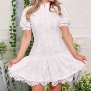 White Puff Sleeve Button Up Dress Size Medium New